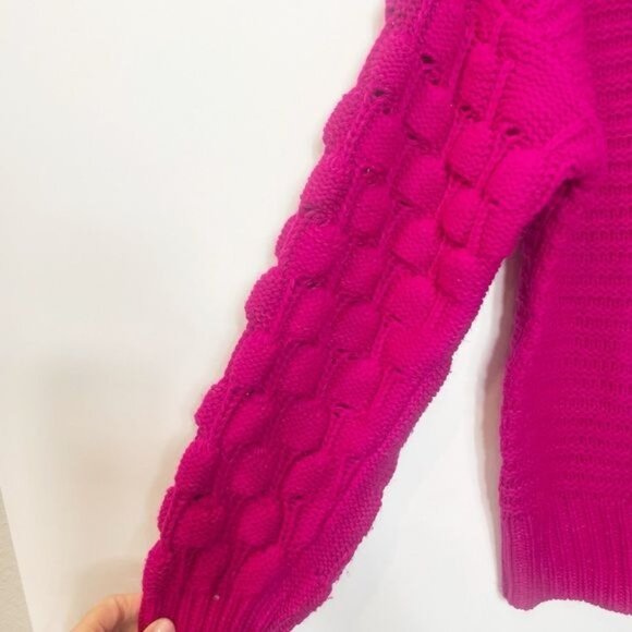 Elodie Chunky Knit Ribbed Neck Sweater Bright Pink Orchid Bubble Sleeve Sz Large - Picture 5 of 8